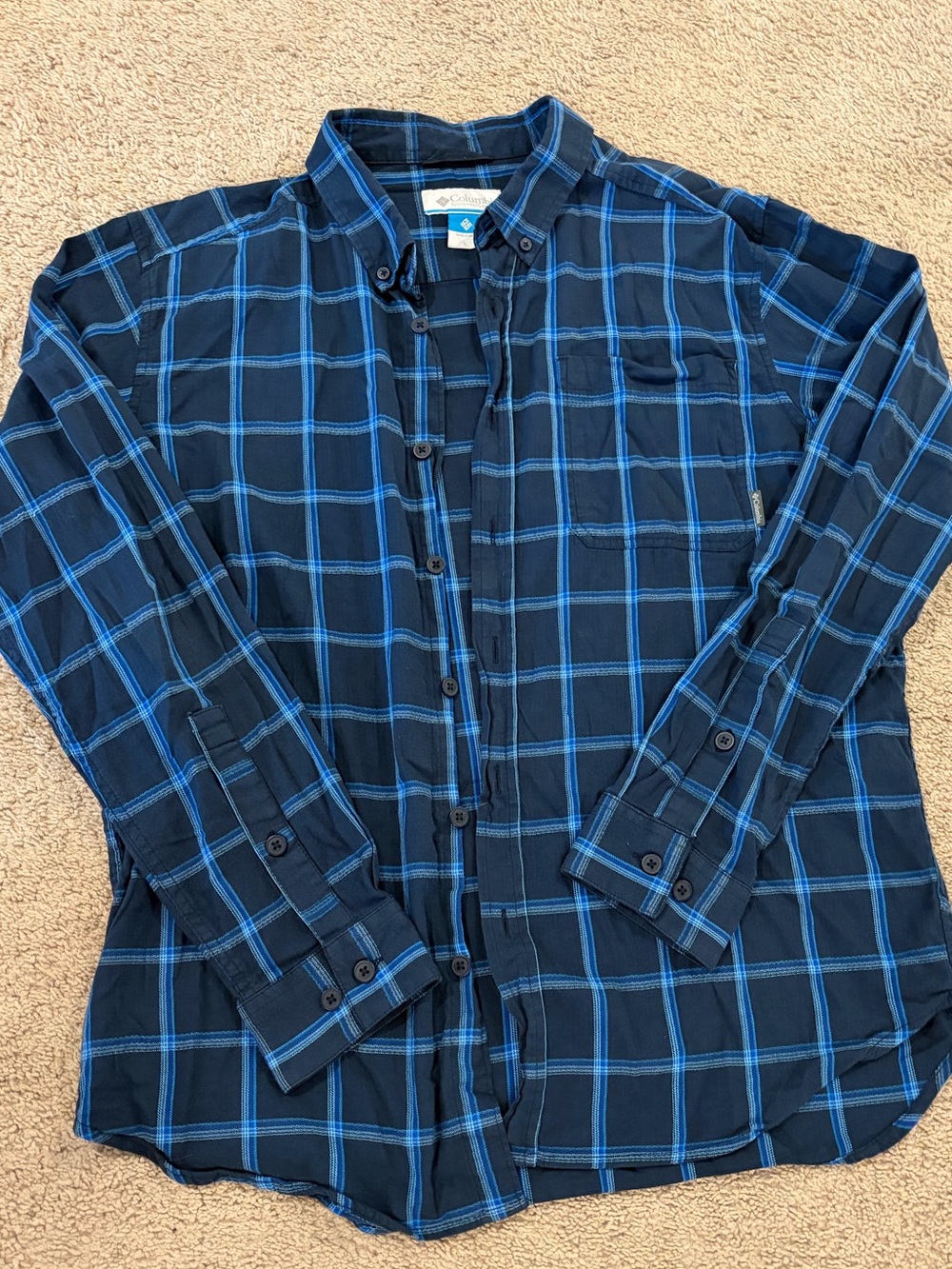 Columbia Men’s Black and Blue Plaid Button-Down Shirt - L